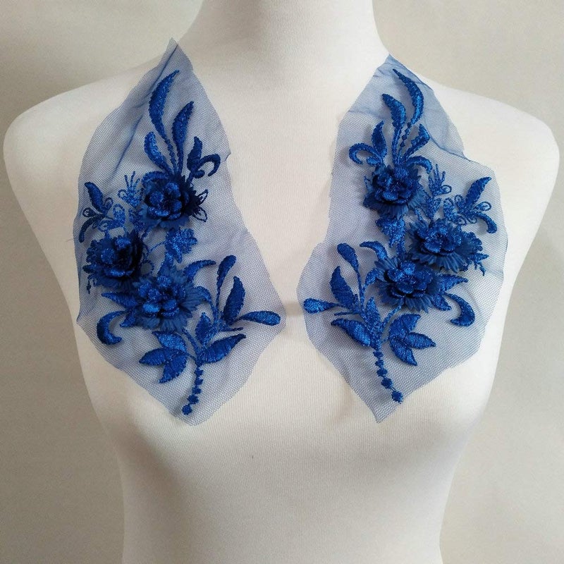 FEEPOP 2Pcs 3D Flower Embroidered Lace Appliques Handmade Wedding Dress Decoration European Lace Trims DIY Sewing Craft ï¼ˆBlueï¼‰ - Image 1